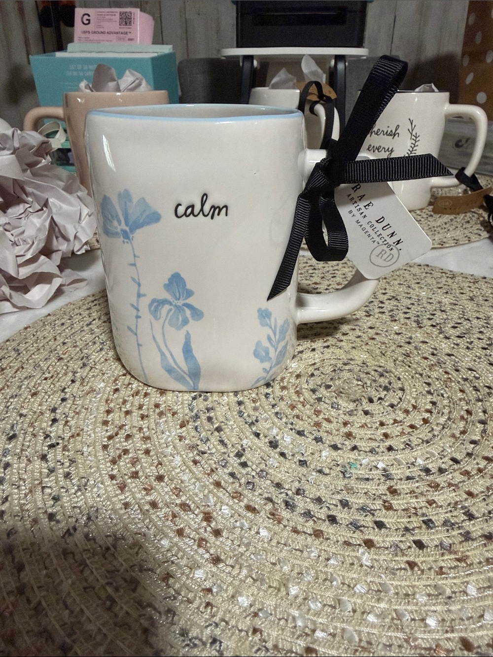 Rae Dunn  Calm Cream Mug with Light Blue Floral '